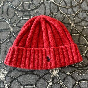 POLO RALPH LAUREN RED BRUSH WOOL CABLE KNIT BEANIE CAP w BLUE LOGO ONE SIZE